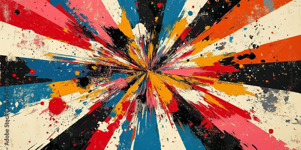 Poster colorful abstract explosion pattern with vibrant hues and dynamic lines in a radial design