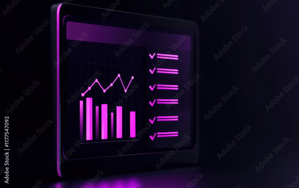 Poster a sleek digital interface displays vibrant purple graphs and checklists, illustrating data trends an