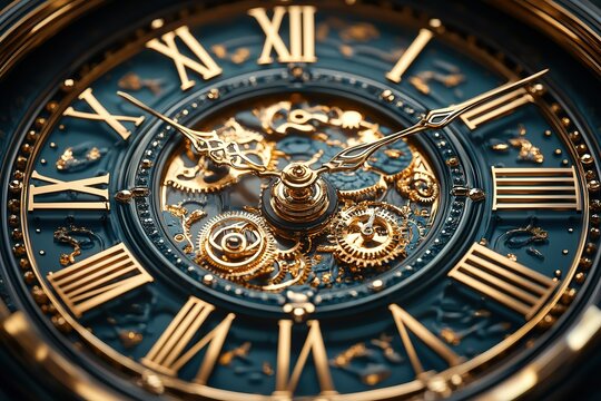 Close-up of an intricate clock face with gold Roman numerals and a visible gear mechanism.  The dark blue face contrasts beautifully with the golden accents.