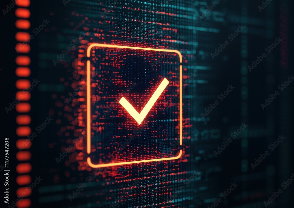 Poster a glowing checkmark appears within a digital interface, symbolizing verification or approval amidst 