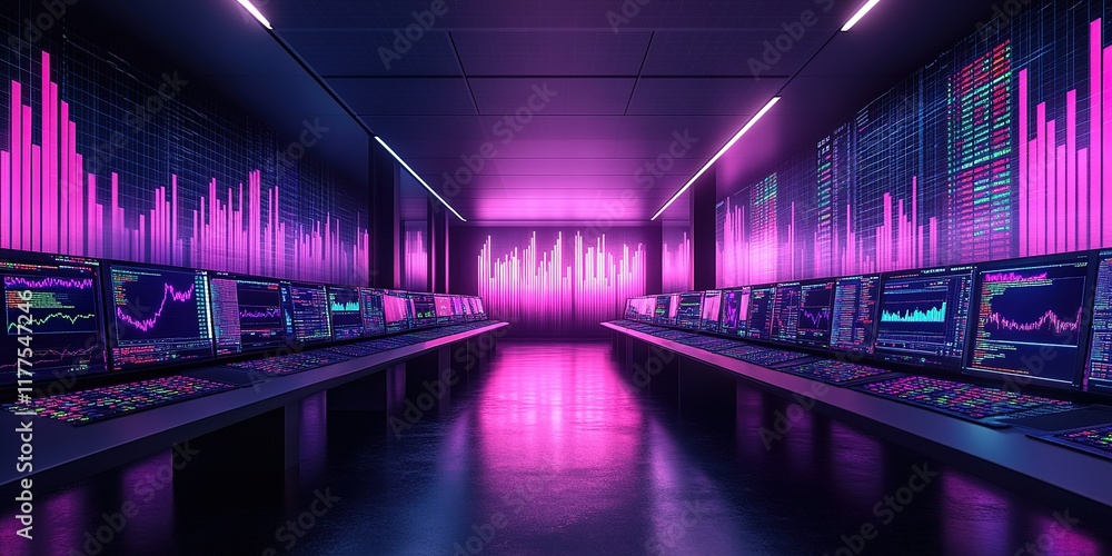 Poster high-tech trading room with vibrant visual displays and multiple monitors analyzing market data