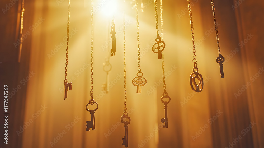 Poster golden keys hanging in air with soft light glowing, creating enigmatic and mysterious atmosphere in 