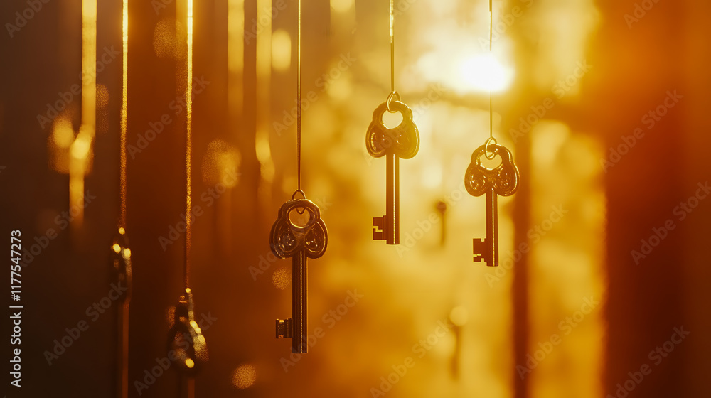 Poster Glimmering Golden Keys Hanging in Ethereal Light with Soft Bokeh Background for Symbolic Representation of Unlocking Opportunities