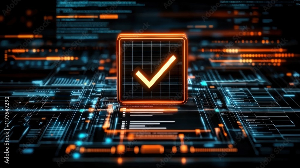 Poster a glowing checkmark symbol on a digital interface, representing verification, success, or completion