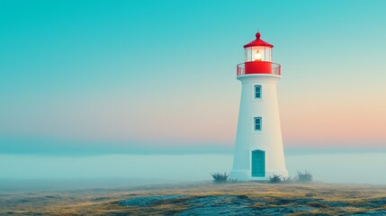 Fototapeta premium Serene lighthouse at dawn coastal landscape photography calm environment wide angle tranquility and guidance