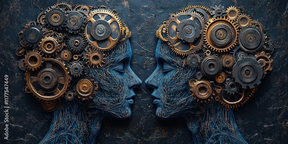 Poster two profiles intertwined with mechanical gears create a unique art piece representing the blend of h