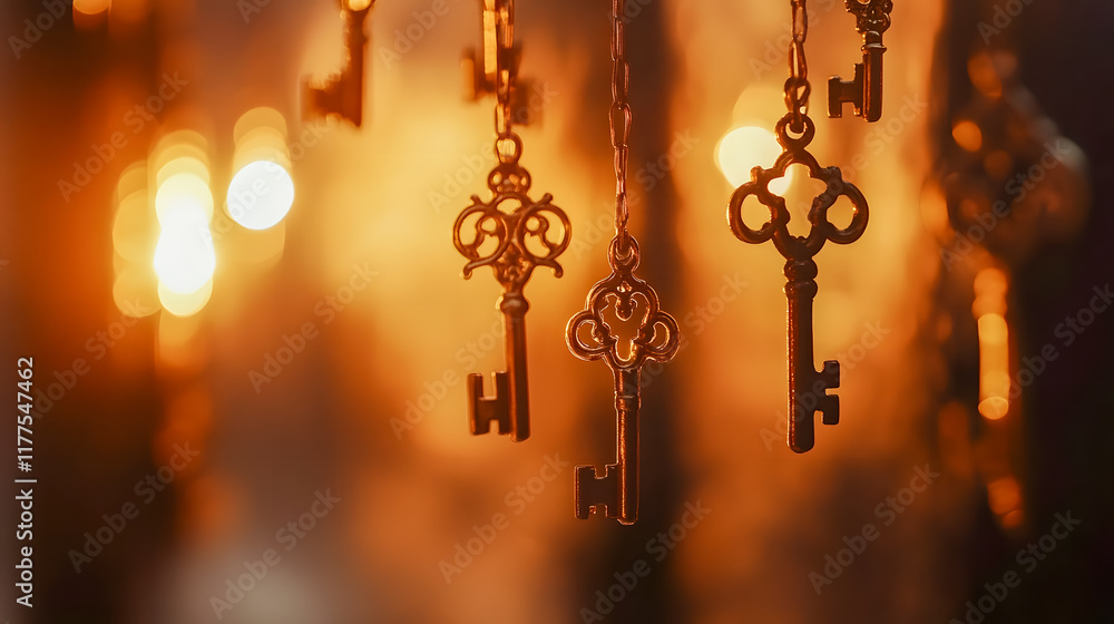 Poster glimmering antique keys hanging in sunshine with soft bokeh effect creating an enchanting background