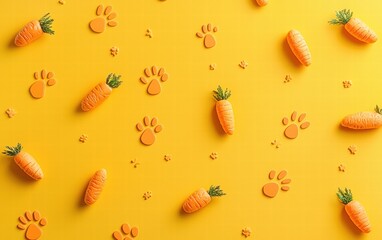 A radiant Easter scene with vivid orange carrots and bunny paw prints scattered on a sunny yellow background