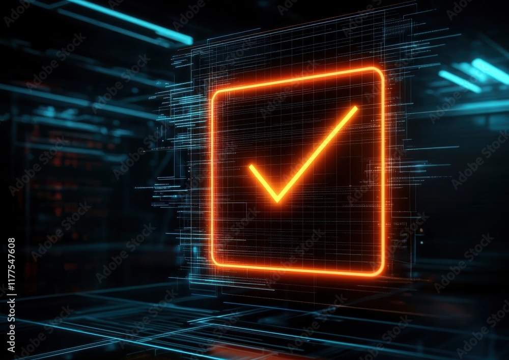 Poster a glowing orange checkmark within a digital grid, symbolizing approval or verification in a futurist