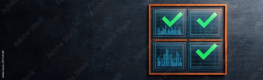 Poster a digital display showing four checkmarks, indicating successful metrics or tasks, with graphs and s