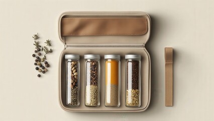 Travel spice kit with jars and diverse spices on beige background