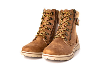 Women's leather demi-seasonal boots with laces and zipper. Insolated on a white background.