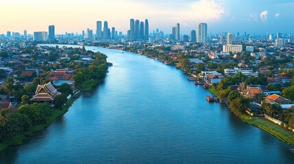Obraz premium Panoramic aerial view of Bangkok's Chao Phraya River, showcasing residential, commercial, and historical architecture.