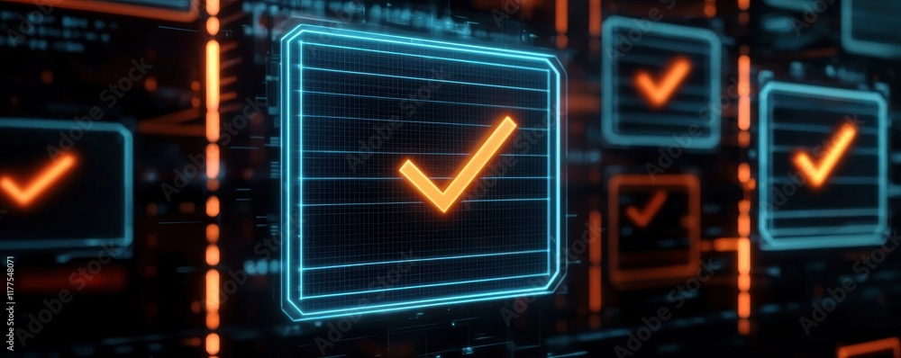 Poster a digital display featuring glowing check marks, symbolizing verification or success in a high-tech 
