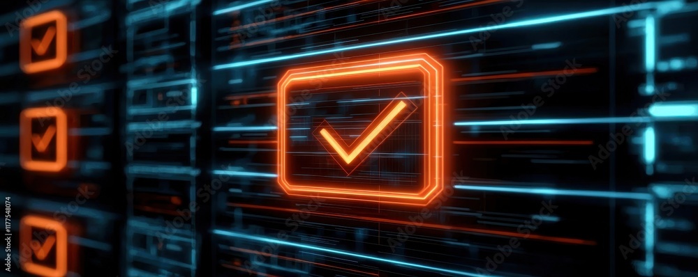 Poster a glowing orange checkmark icon on a digital background, symbolizing completion or approval in a mod