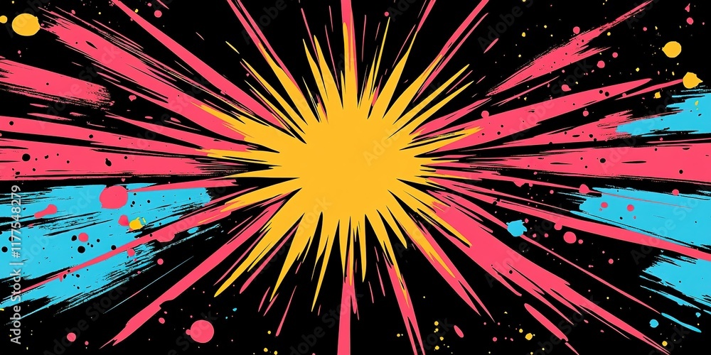 Poster colorful explosion of paint splatters and rays on a dark background creates an energetic and dynamic