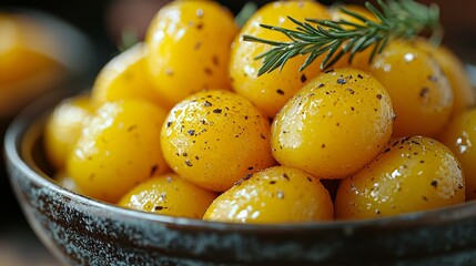 Bowl of seasoned yellow potatoes, close-up.