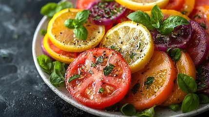 Photo Vibrant Tomato Lemon Salad with Basil Garnish