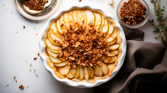 Pear tart topped with caramel drizzle and garnished with  granola and almond slices, presented in a white fluted dish, surrounded by a bowl of granola and fresh herbs on a clean white background.