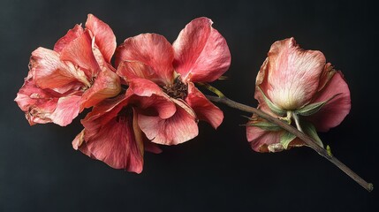 Obraz premium Faded Beauty A Study of Withered Rose Blossoms on a Dark Backdrop Showing the Delicate Textures of Aging Flora