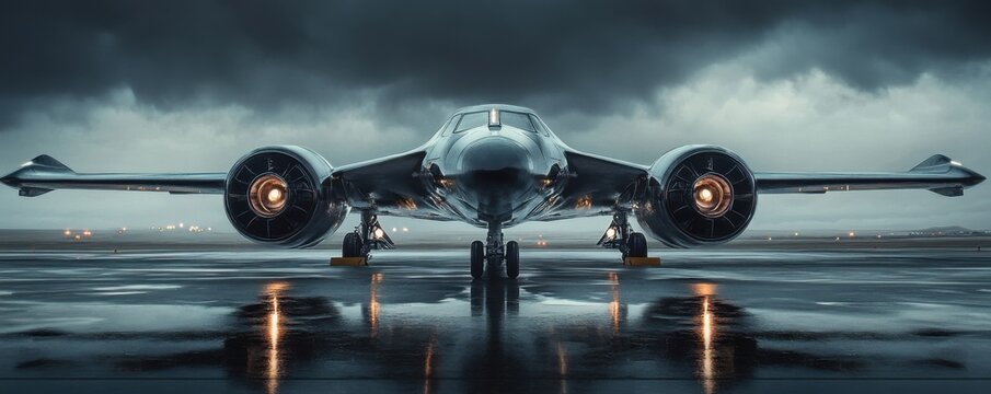 Futuristic Stealth Aircraft on a Rainy Runway: A Stunning Display of Technological Advancement