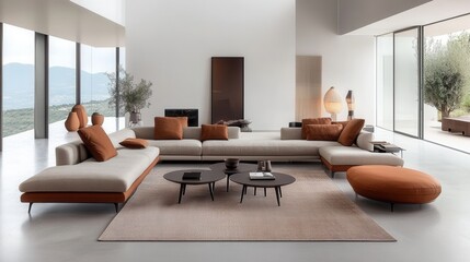 Luxury modern lounge with panoramic windows and sleek contemporary furniture