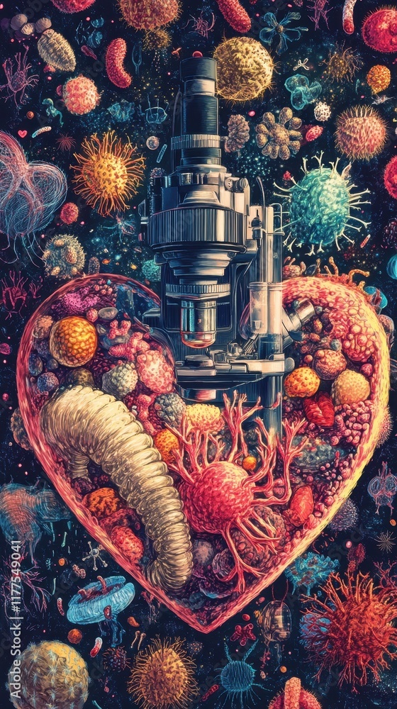 Poster microscopic view of a heart with diverse microorganisms
