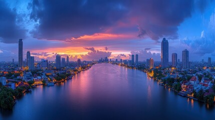Fototapeta premium Panoramic view of Bangkok city skyline at sunset over Chao Phraya River. Colorful dramatic sky with urban buildings reflecting on the calm water.