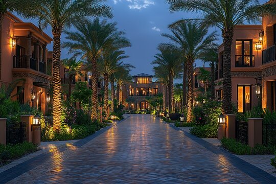 Luxury resort pathway at dusk, illuminated by warm lights. Palm trees line a brick road leading to a grand building.
