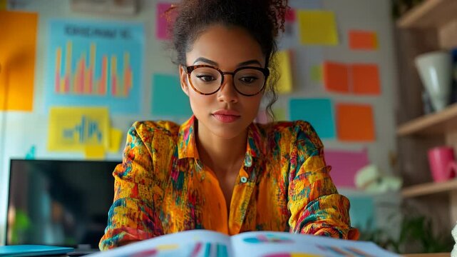 Engaging study session in a colorful workspace with charts and graphs