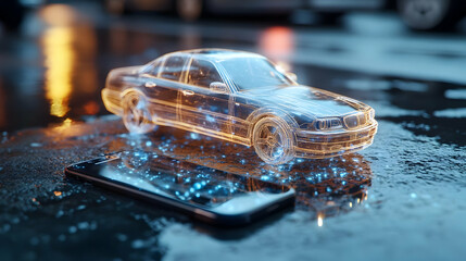 A futuristic transparent car over a smartphone, showcasing digital innovation and modern mobility concepts.
