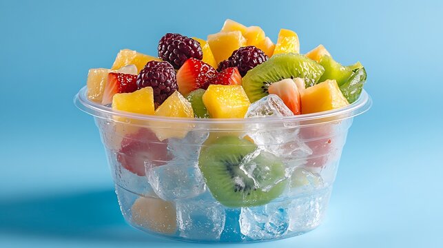 Bucket plastic like bowl of mixed sliced tropical fruits and ice on blue background