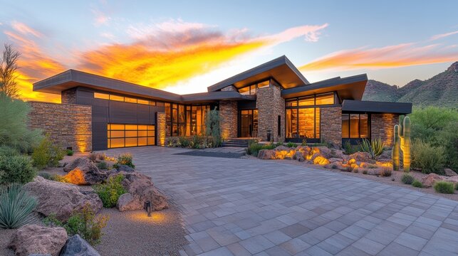 Modern luxury desert home exterior at sunset with sleek architecture