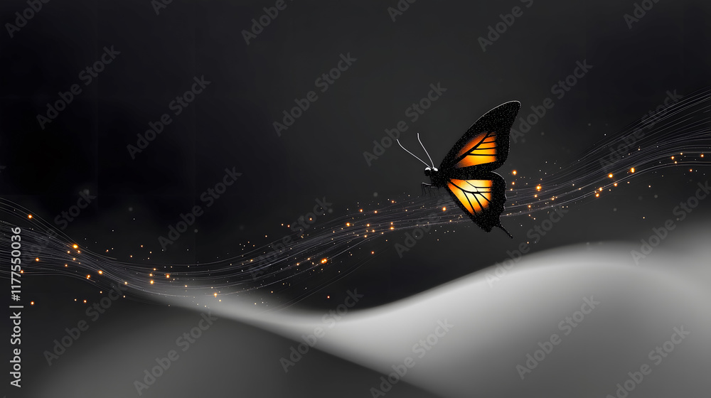 Poster elegant butterfly soaring through a mystical landscape with flowing lines and soft light in a monoch