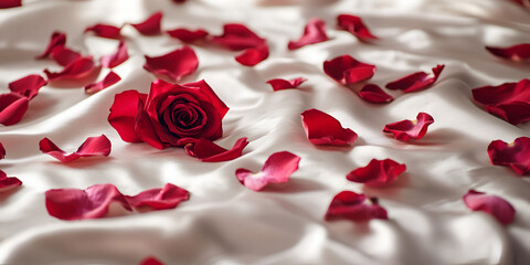 Rose petals scattered on silk, elegant and passionate composition Valentine's Day