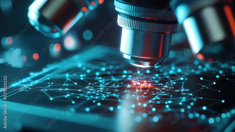 Poster close up of microscope lens examining a futuristic microchip, illuminating a complex network of glow
