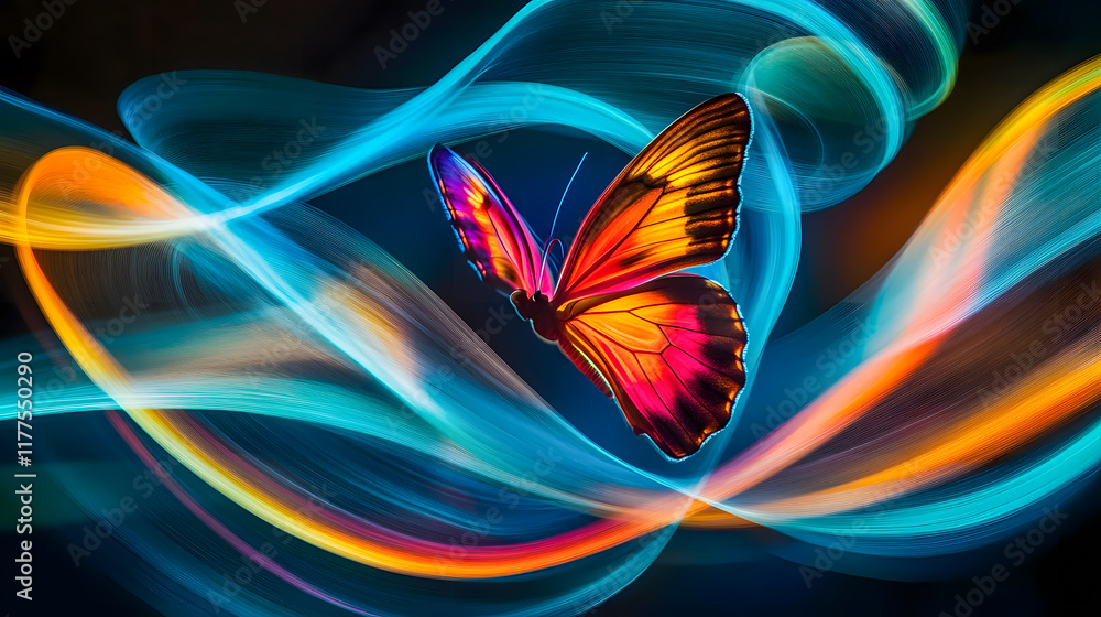 Poster colorful butterfly in motion with vibrant trails of light creating a mesmerizing display of hues and