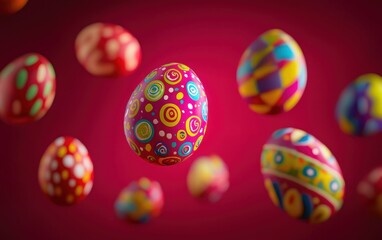 Colorful Easter eggs with abstract designs floating mid-air on a deep red background
