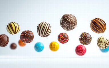 Fototapeta premium Colorful truffles with intricate chocolate designs hovering mid-air on a pure white backdrop