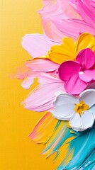 Fototapeta premium Vibrant Abstract Floral Painting Pink Yellow Teal Acrylic Strokes on Yellow Canvas
