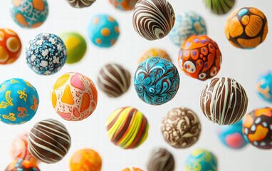 Colorful truffles with intricate designs floating against a bright white background
