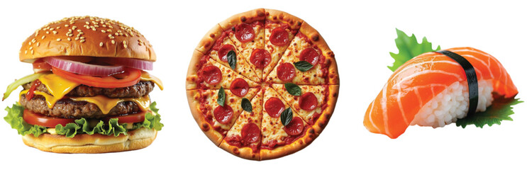 Set of Burger, Pizza, and Sushi – Transparent PNG for Food and Restaurant Designs