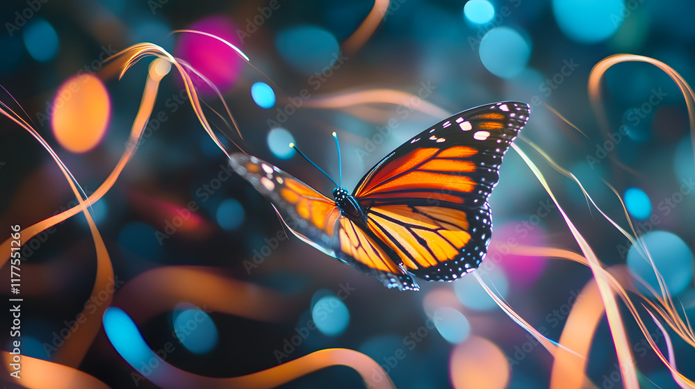 Aufkleber vibrant monarch butterfly in flight amidst colorful abstract background with bokeh effects and soft 