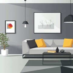 Modern living room with minimalist design featuring a gray sofa, yellow accents, and artistic decor.