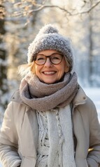 Joyful winter stroll a happy year-old woman in nature snowy landscape outdoor serenity captivating viewpoint