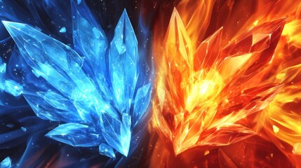 Fototapeta premium Opposing ice and fire crystals clashing in cosmic space; game art