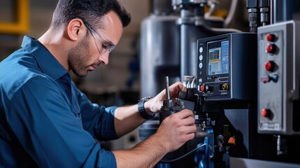 Industrial engineer wearing safety glasses operating and adjusting computer numerical control machinery in a factory setting, performing quality control and ensuring smooth operation