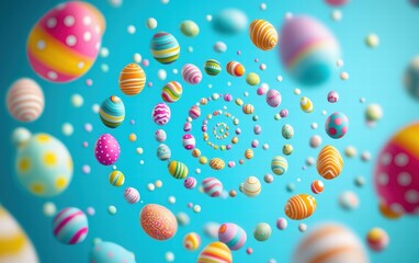 A cheerful Easter background with colorful eggs arranged in a spiral pattern on a vibrant cyan background