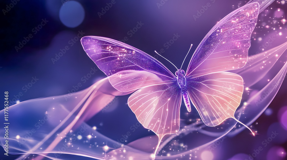 Poster enchanting purple butterfly with glittering wings floating on ethereal waves in dreamlike atmosphere