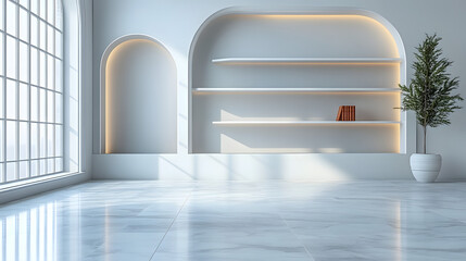 Artistic Representation of White Shelving Units in a Minimalist Modern Interior with a Symmetrical Layout